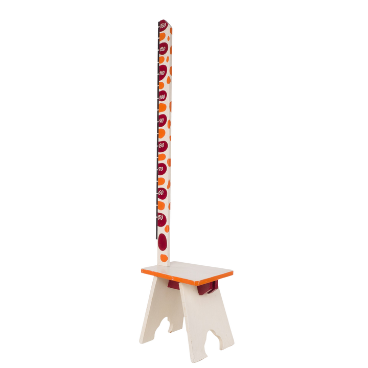 Fun wooden stool with a measuring stick in orange