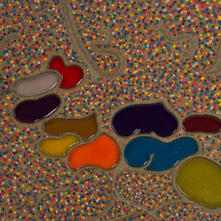 Modern artwork in steel and sand by Virginia Romana – unique and colorful