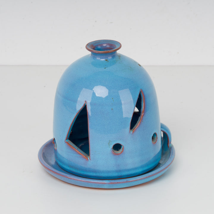 2-piece blue glazed tea light holder in terracotta – authentic charm