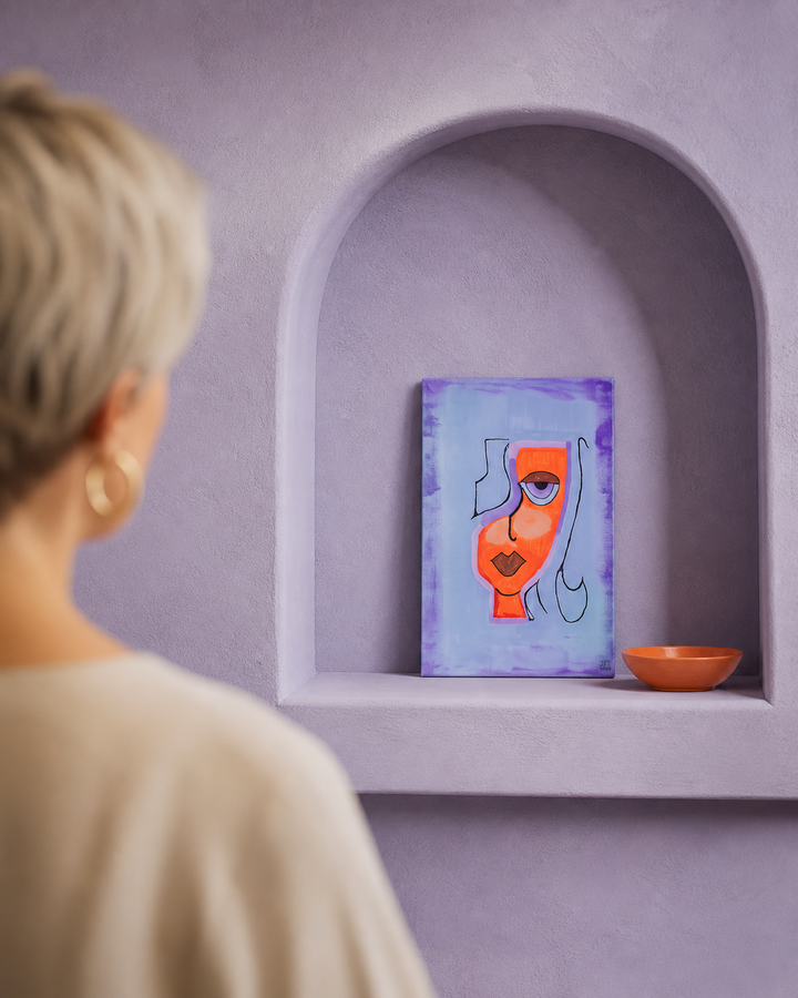 Geometrisch vrouwengezicht in blauw, paars en oranje – JP Terryn (2021) – 21 x 30 cm
