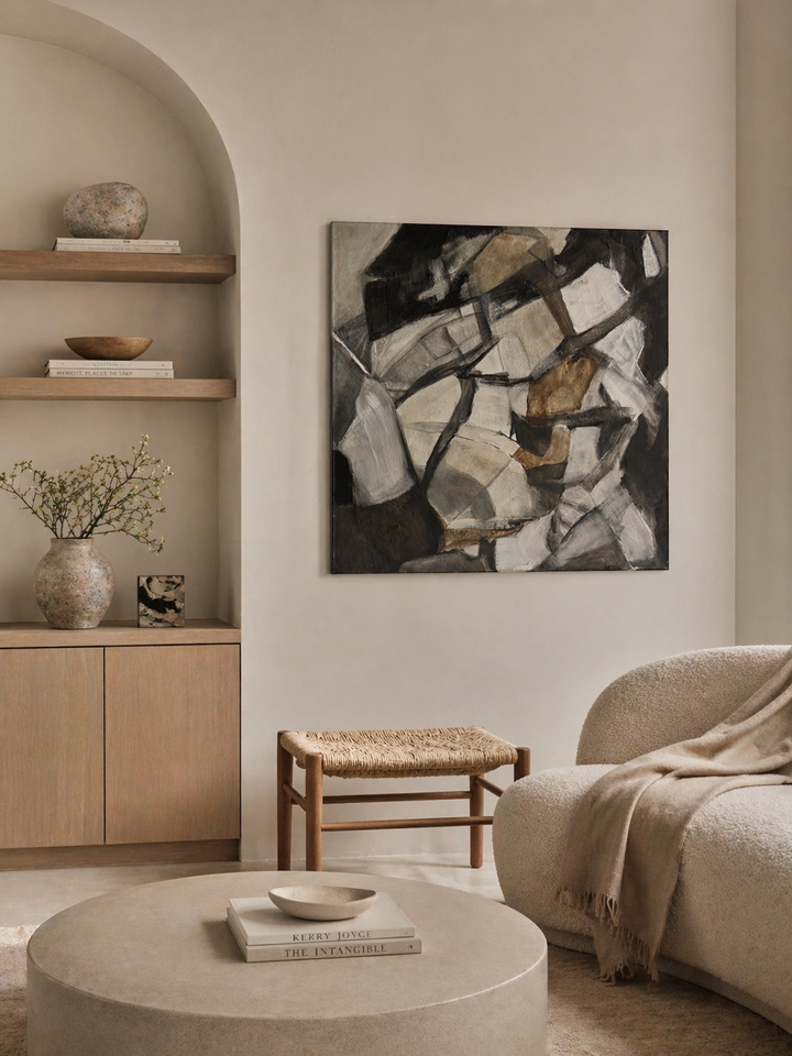 Stilte in Fragment – Abstract schilderij met aardse schakeringen - 80 x 80 x 2 cm