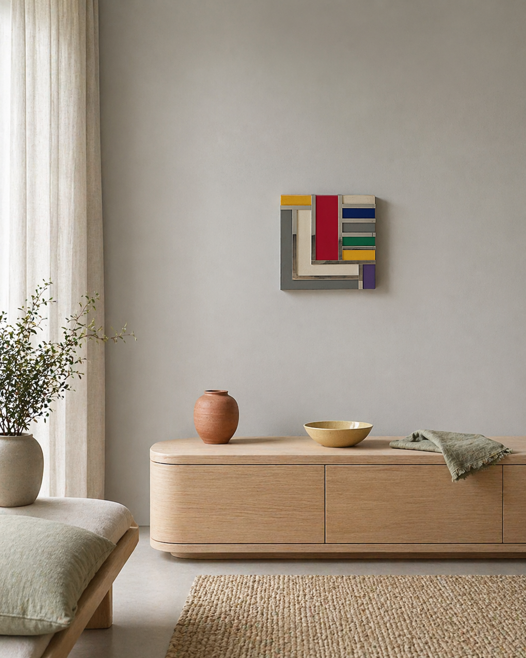 Geometrisch Ritme in Kleur – Vintage Houten Kunstwerk met Spiegelaccenten (36x36 cm)