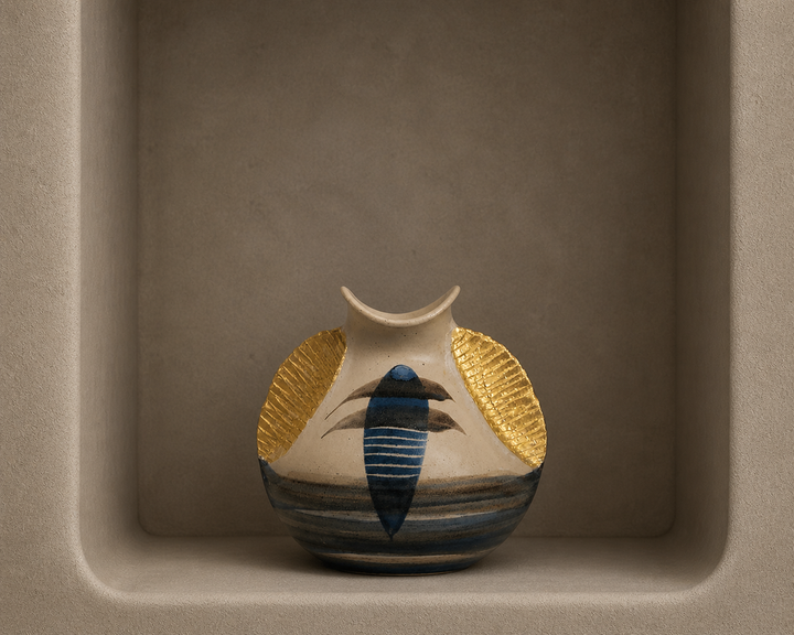 Speciale moderne keramische vaas met gouden vleugels / 16x13x15cm