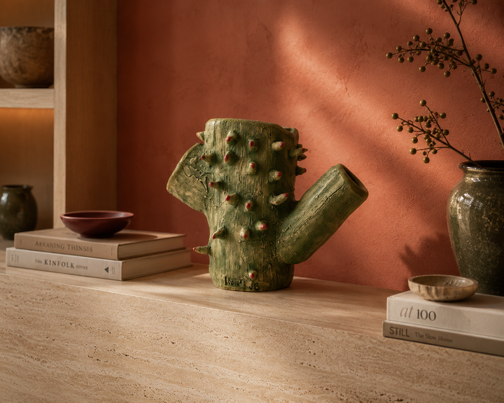 Ludieke Handgemaakte Groene Keramische Cactus met Rode Naalden / 30x17x22,5cm