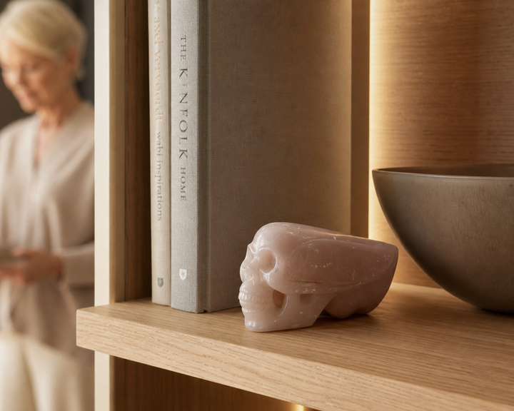 Sculptuur – Schedel in roze calciet | 15 x 5,5 x 7 cm