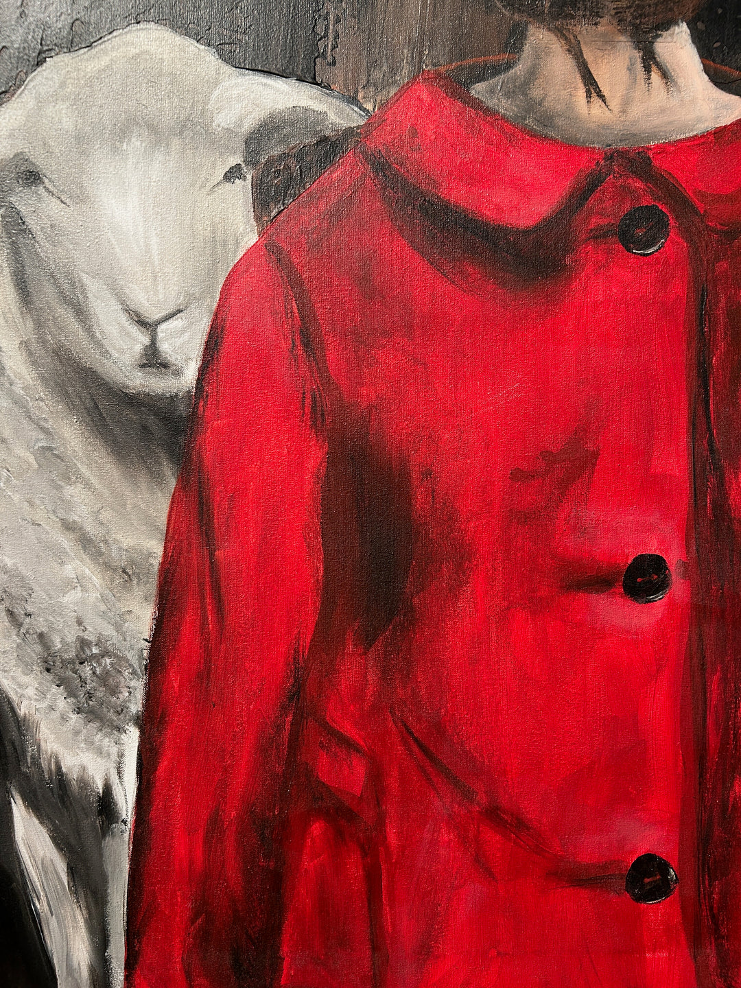 Atelier S – La Fille au Manteau Rouge | Meisje tussen de Schapen – Schilderij 60 x 80 x 4 cm