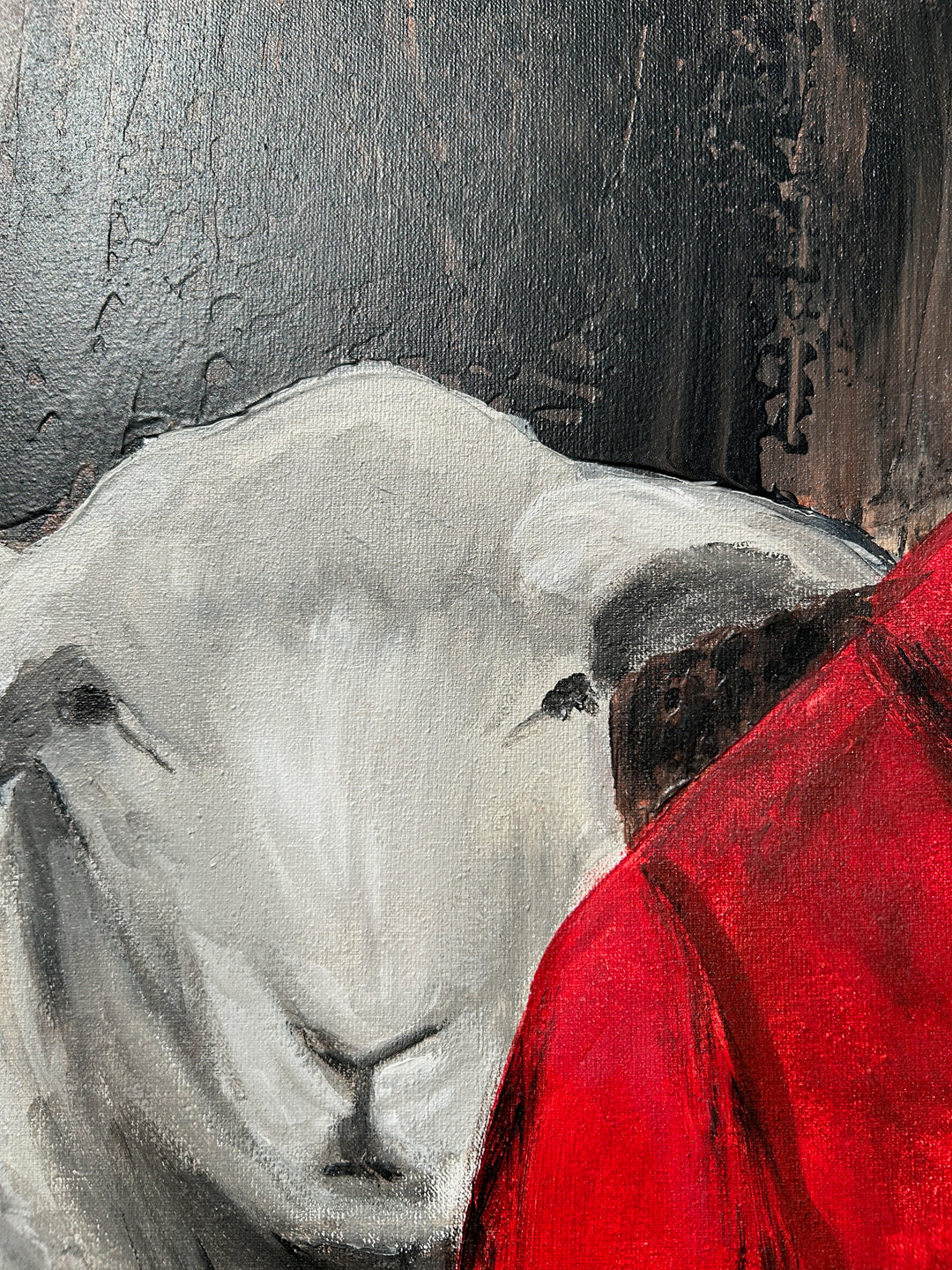 Atelier S – La Fille au Manteau Rouge | Meisje tussen de Schapen – Schilderij 60 x 80 x 4 cm