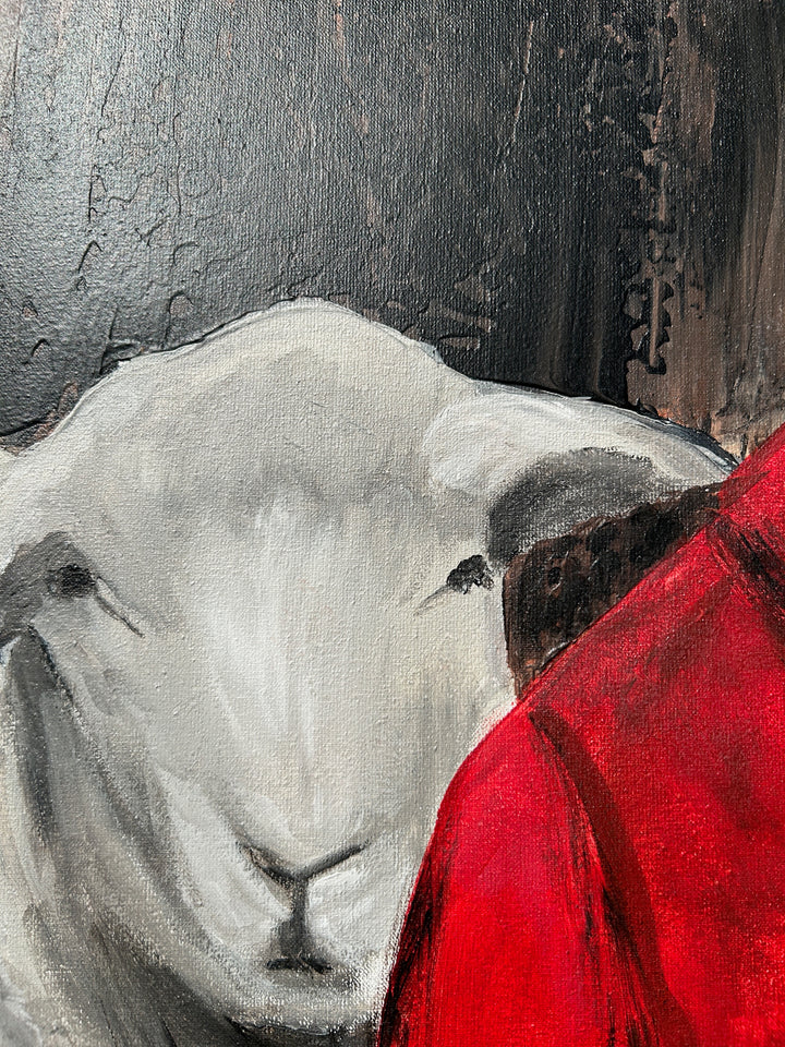 Atelier S – La Fille au Manteau Rouge | Meisje tussen de Schapen – Schilderij 60 x 80 x 4 cm