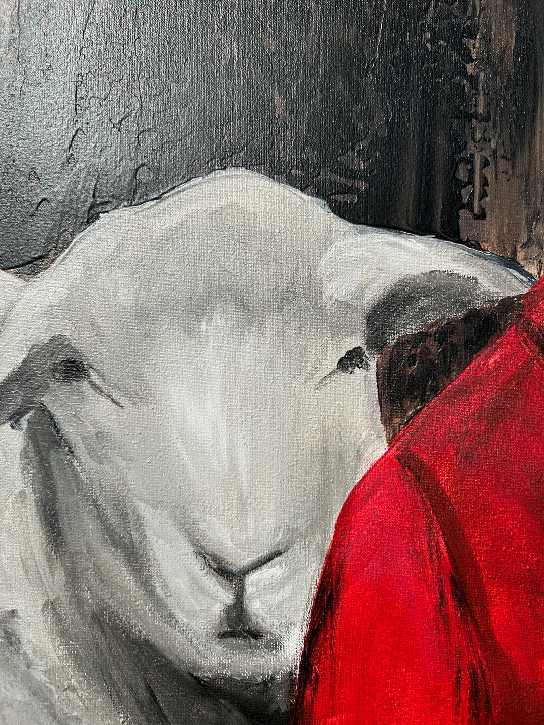 Atelier S – La Fille au Manteau Rouge | Meisje tussen de Schapen – Schilderij 60 x 80 x 4 cm