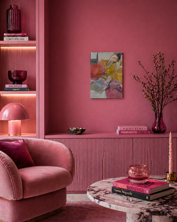 Modern abstract schilderij in roze en geel