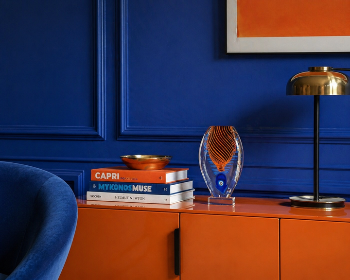 Moderne Studio Kunstglas vaas in oranje en blauw