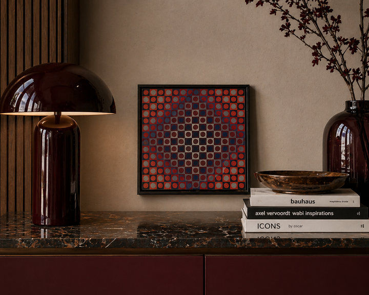 Vintage seriegrafie in Vasarely-stijl – ritme in rood en blauw