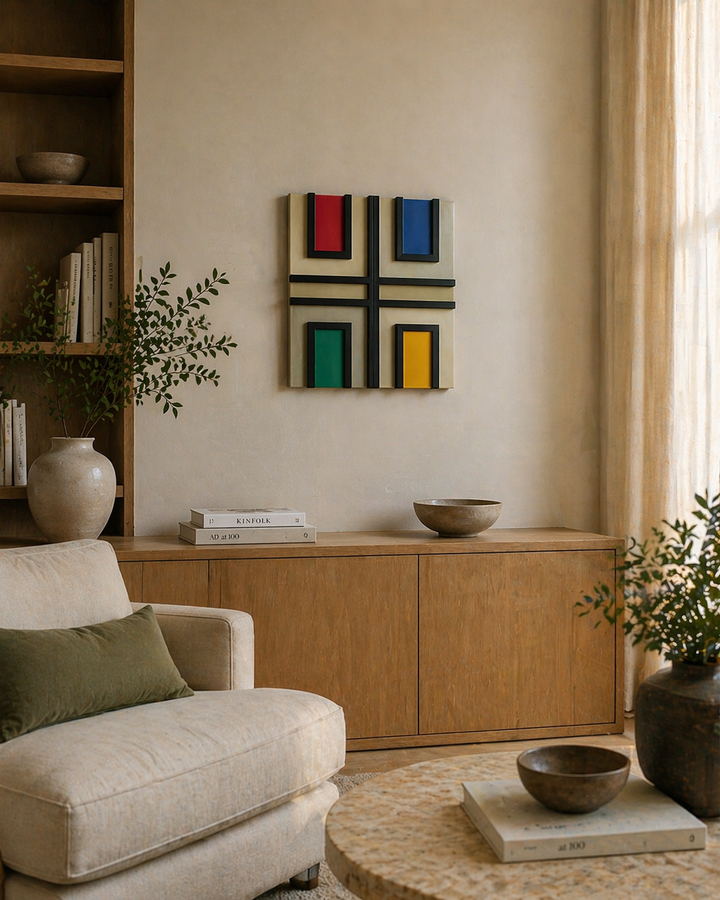 Kleur & Ritme – Vintage Geometrisch Wandobject in Hout