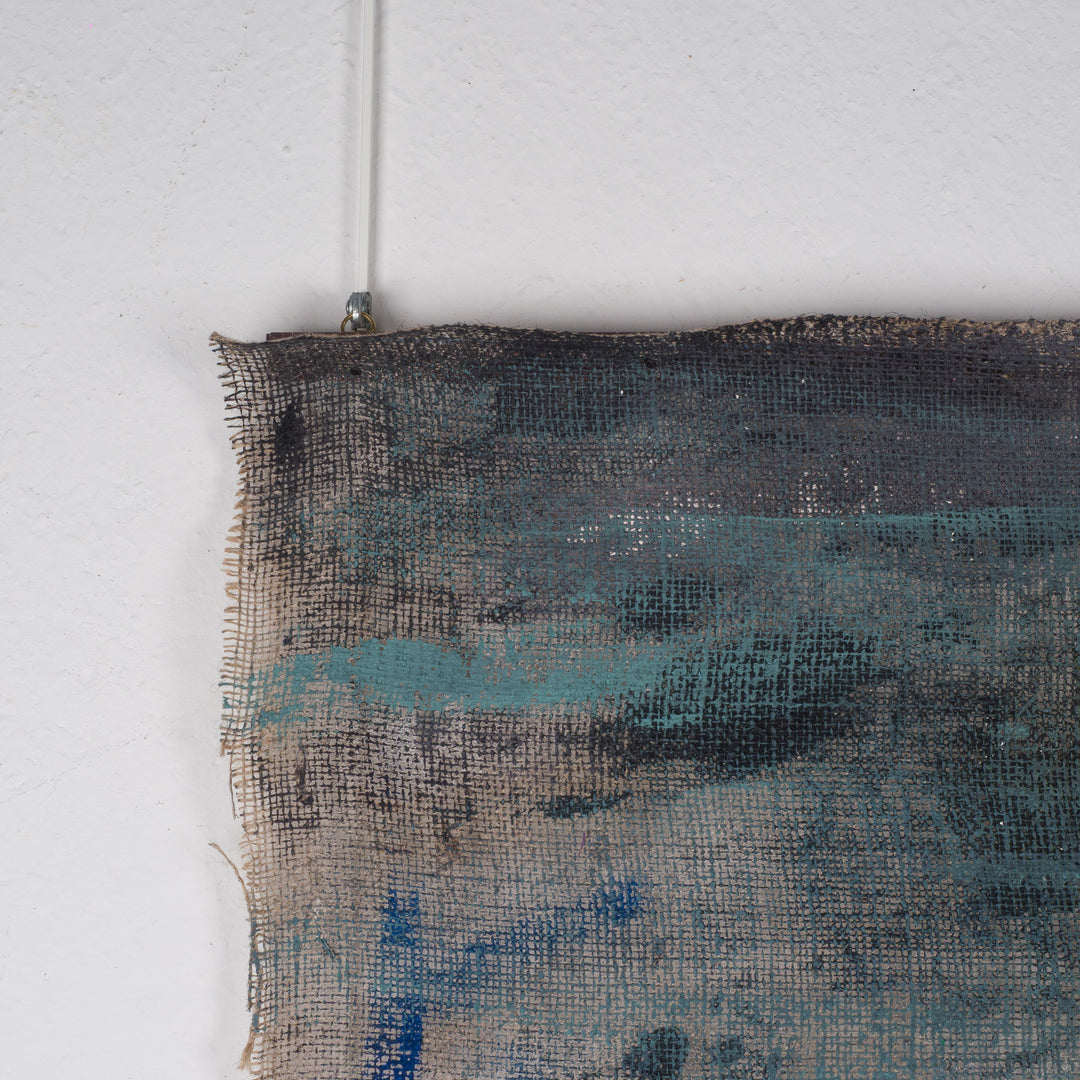 Painting of an iconic figure on jute – Heidi Schoefs – 117x110 cm