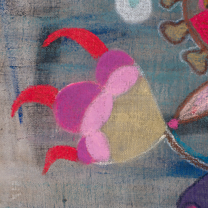 Painting of an iconic figure on jute – Heidi Schoefs – 117x110 cm