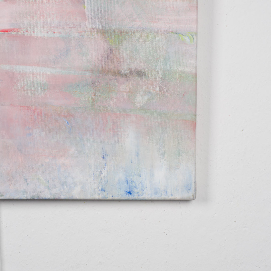 Painting by Rita Pollet – man looking through the window in soft pastel shades