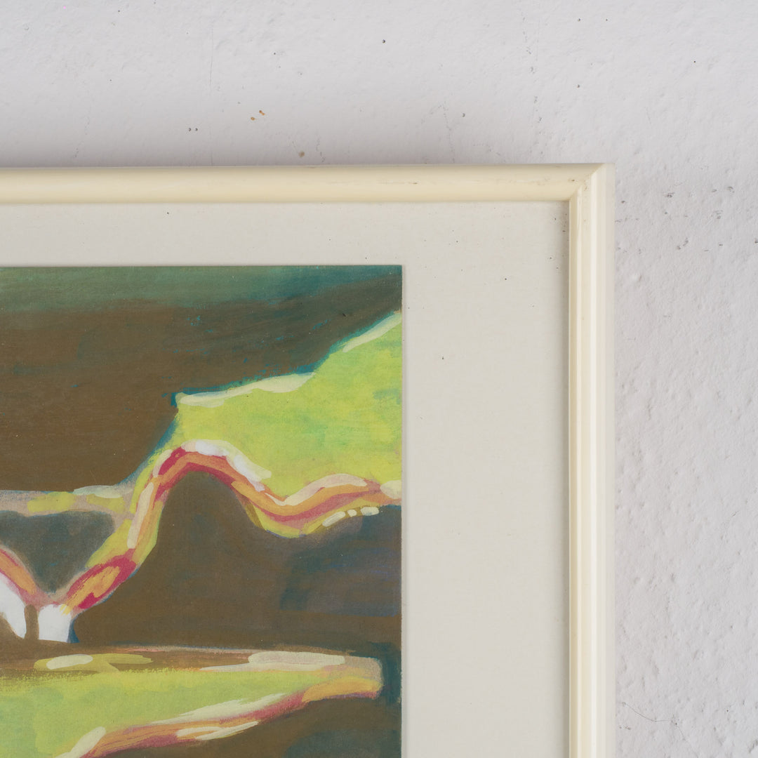 Schilderij “Huizen aan Zee – Kobaltblauw Landschap” door S. Matthijs /  51,5 x 41,5 cm