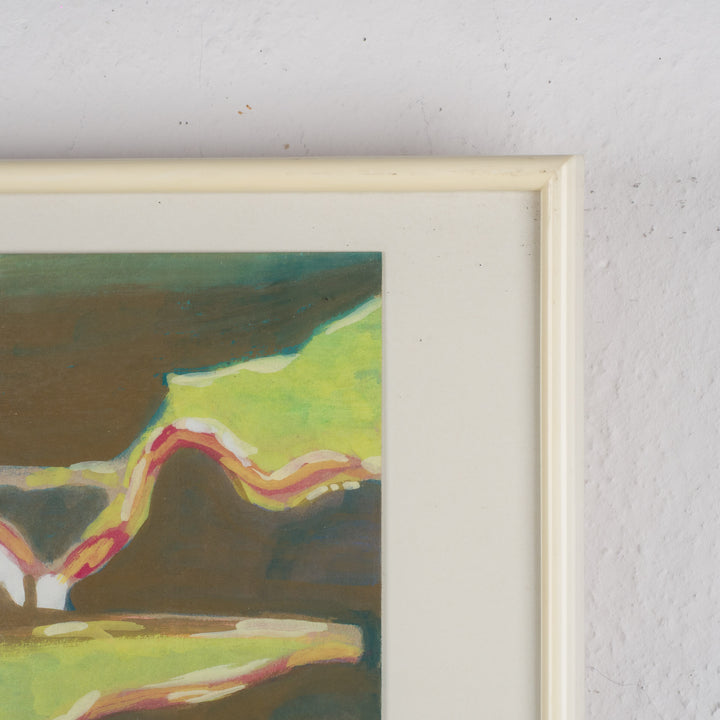 Schilderij “Huizen aan Zee – Kobaltblauw Landschap” door S. Matthijs /  51,5 x 41,5 cm