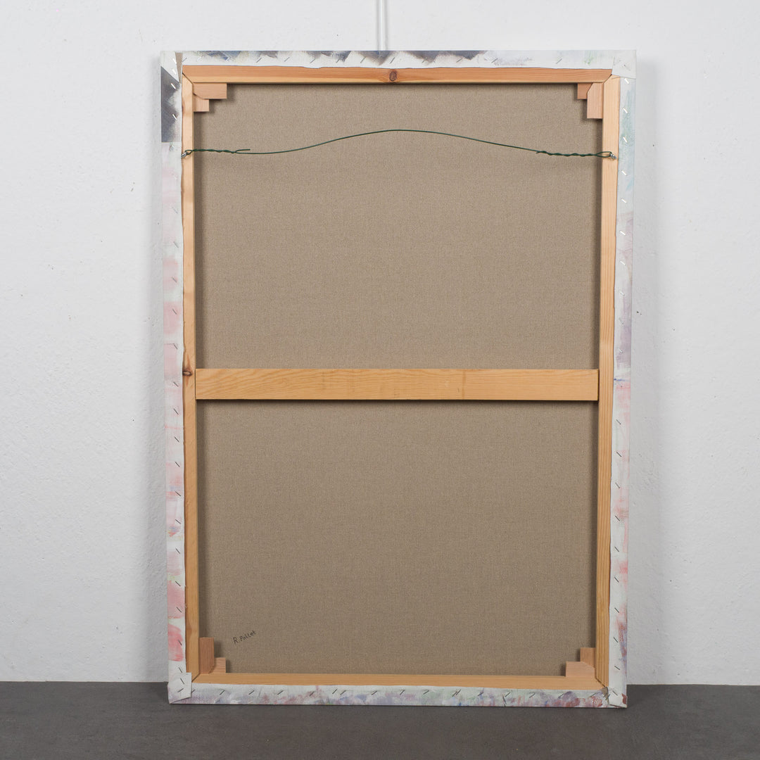 Painting by Rita Pollet – man looking through the window in soft pastel shades