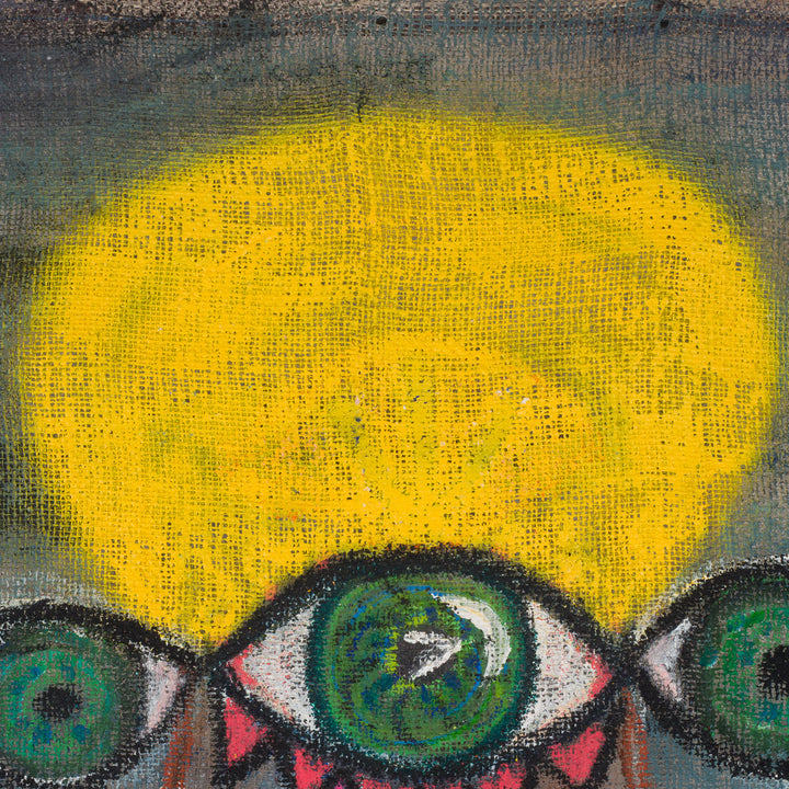 Painting of an iconic figure on jute – Heidi Schoefs – 117x110 cm