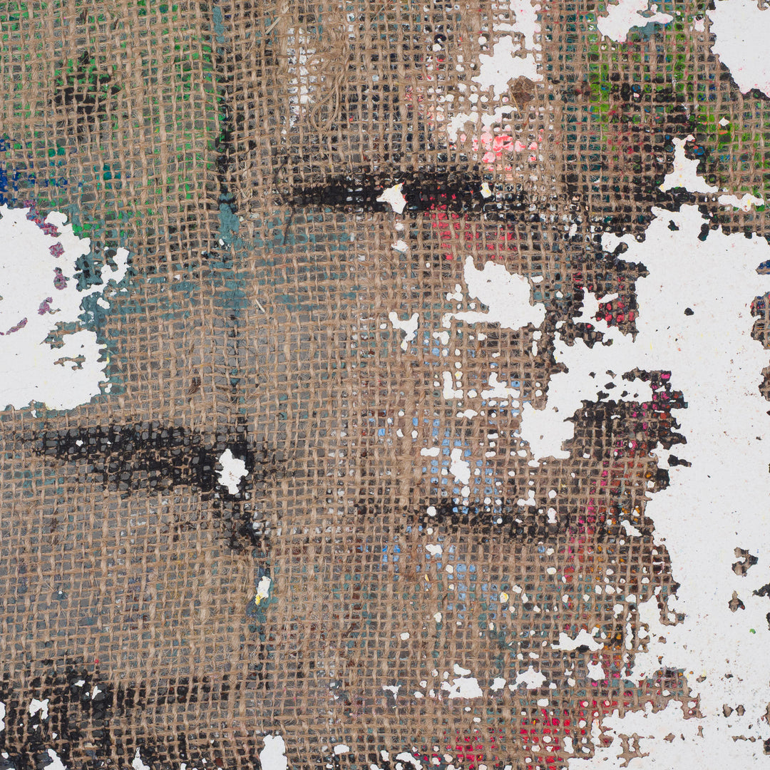 Painting of an iconic figure on jute – Heidi Schoefs – 117x110 cm