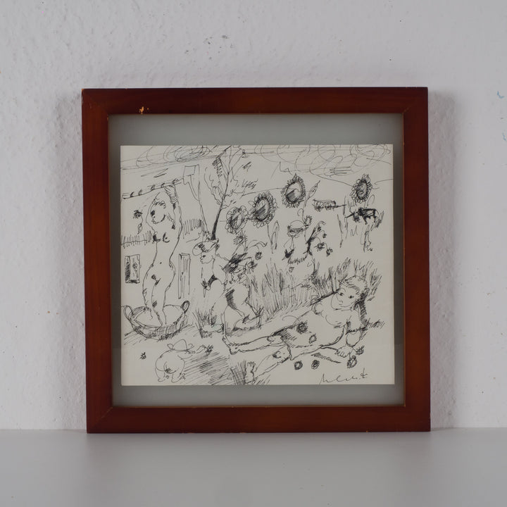 Unieke zwarte inkttekening door Frans Claerhout – ludiek en speels / 28 x 28 x 2 cm