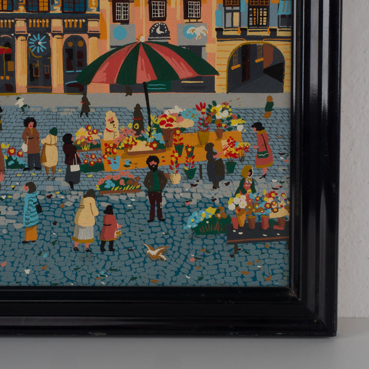 Stadszicht op marktplein – gesigneerd Frey – 53 x 63 x 4 cm