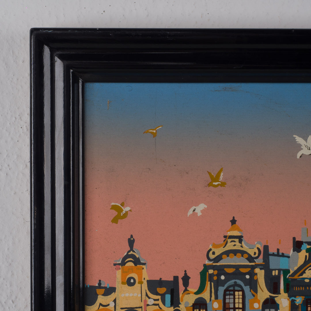 Stadszicht op marktplein – gesigneerd Frey – 53 x 63 x 4 cm