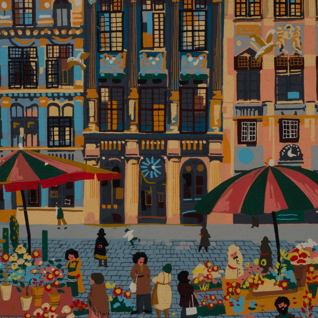 Stadszicht op marktplein – gesigneerd Frey – 53 x 63 x 4 cm
