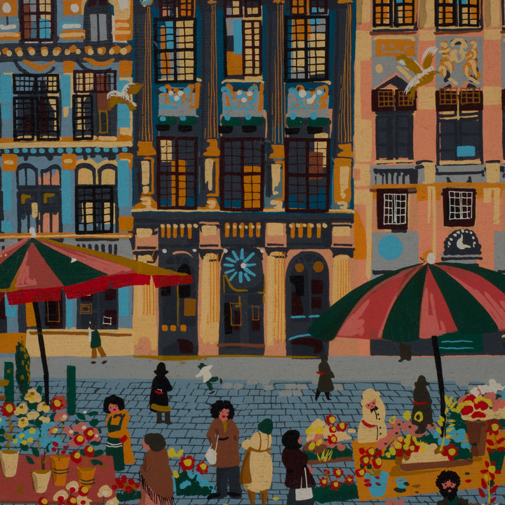 Stadszicht op marktplein – gesigneerd Frey – 53 x 63 x 4 cm