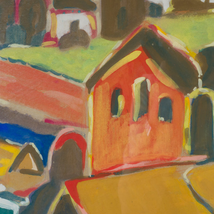 Schilderij “Huizen aan Zee – Kobaltblauw Landschap” door S. Matthijs /  51,5 x 41,5 cm