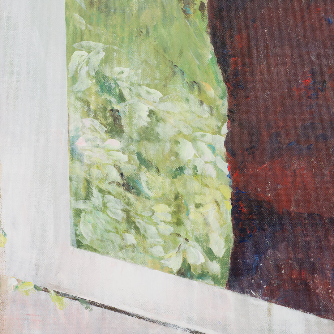 Painting by Rita Pollet – man looking through the window in soft pastel shades