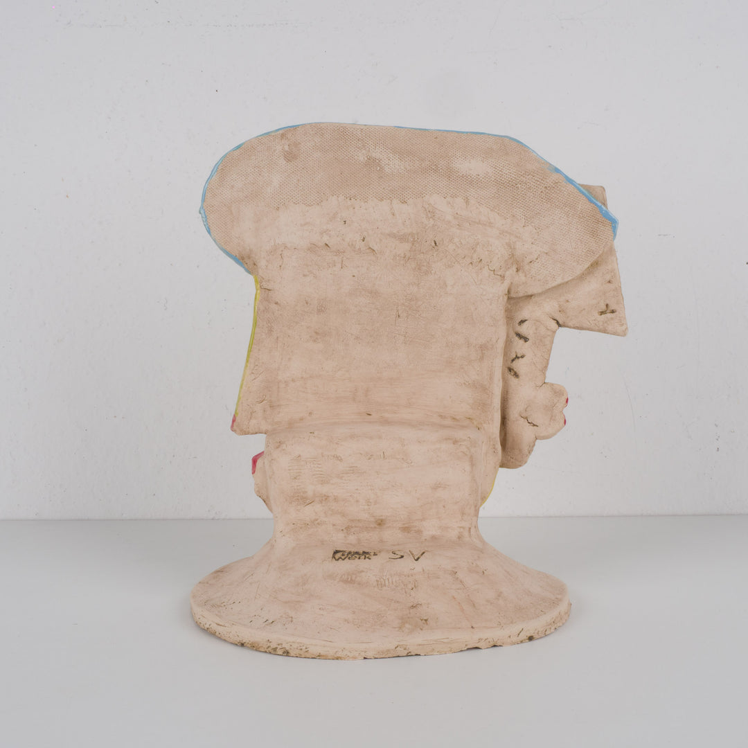 Ludiek geometrisch keramisch beeld – Gezichten in lichtblauw en groentinten