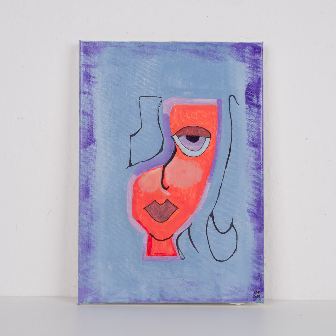 Schilderij geometrisch vrouwengezicht in licht blauw, paars en oranje – JP Terryn (2021) – 21 x 30 cm