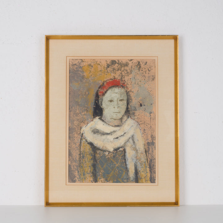 Gouache van Gust Smet – Meisje met rode haarband en witte kraag – 36x46x2 cm