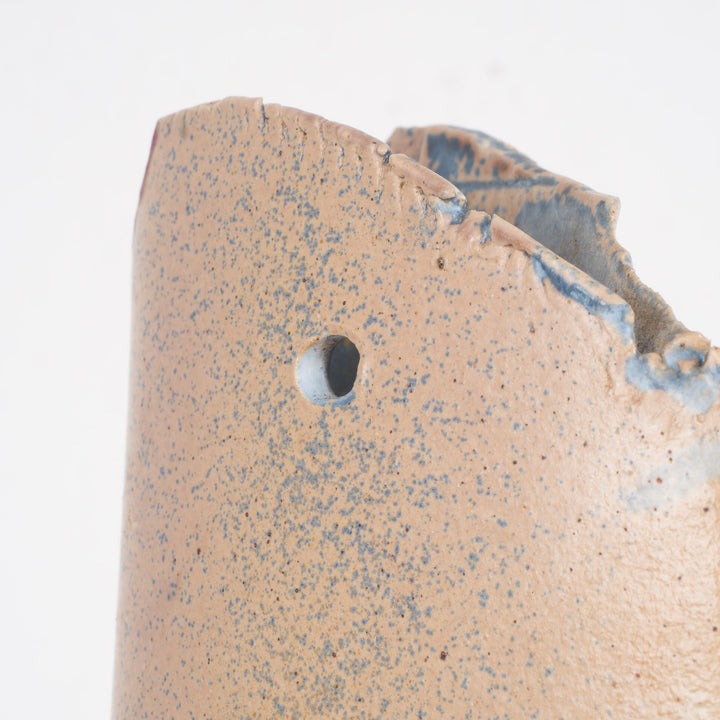 Handmade narrow ceramic vase – light blue and beige, hanging