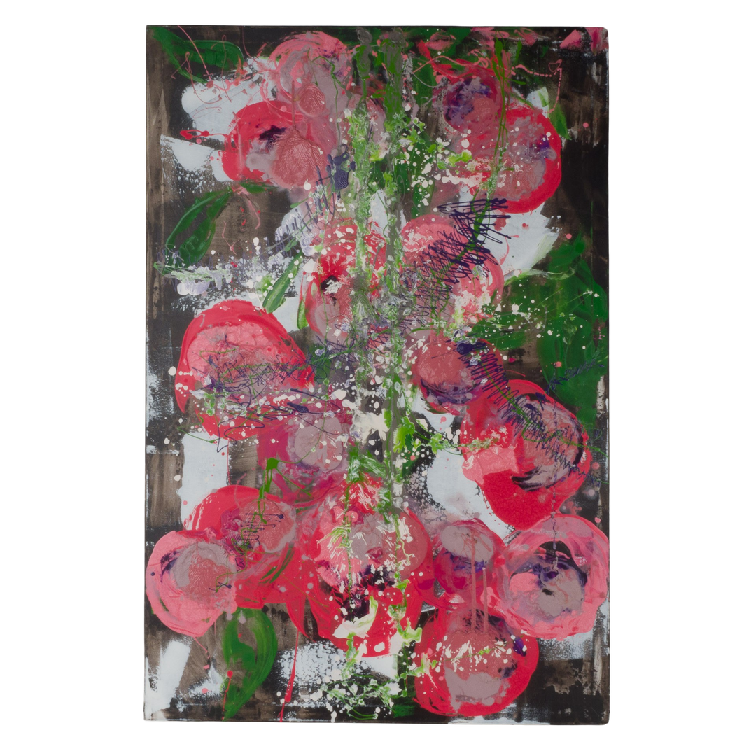 Contemporary large painting of abstract flowers in pink and green by Hilde Deceuninck.