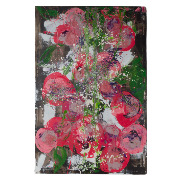 Contemporary large painting of abstract flowers in pink and green by Hilde Deceuninck.