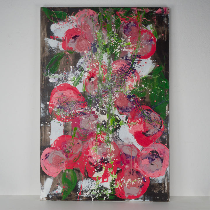 Contemporary large painting of abstract flowers in pink and green by Hilde Deceuninck.