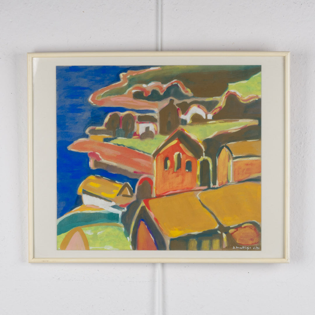 Schilderij “Huizen aan Zee – Kobaltblauw Landschap” door S. Matthijs /  51,5 x 41,5 cm