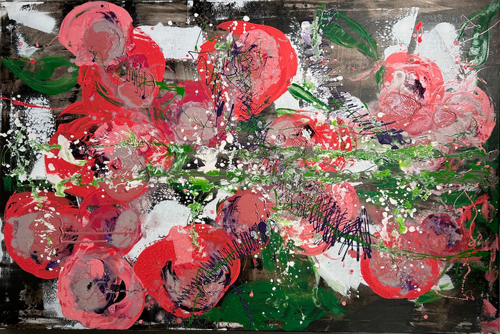 Hedendaags groot schilderij abstracte bloemen in roze en groen door Hilde Deceuninck.