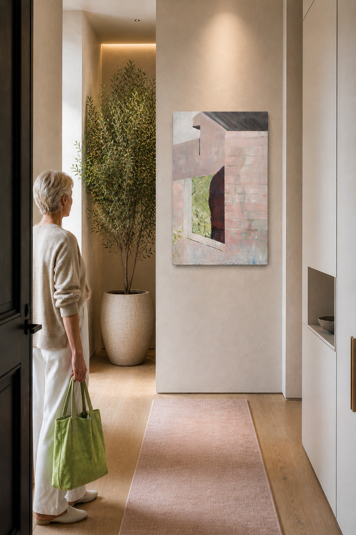 Schilderij Rita Pollet – Man bij het raam in pasteltinten /  68x96,5x2,5cm