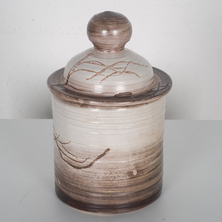 Ceramic pot with lid by Bernadette Serremorizot – abstract design (1990s)