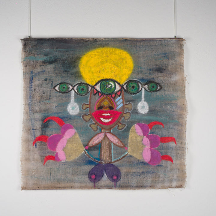 Painting of an iconic figure on jute – Heidi Schoefs – 117x110 cm