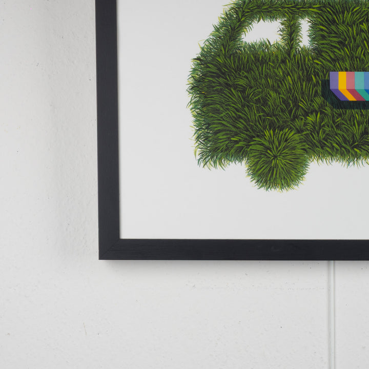 Elias – Surrealistische Lithografie met Groene Bestelwagen | 69 x 49 cm (ingekaderd)