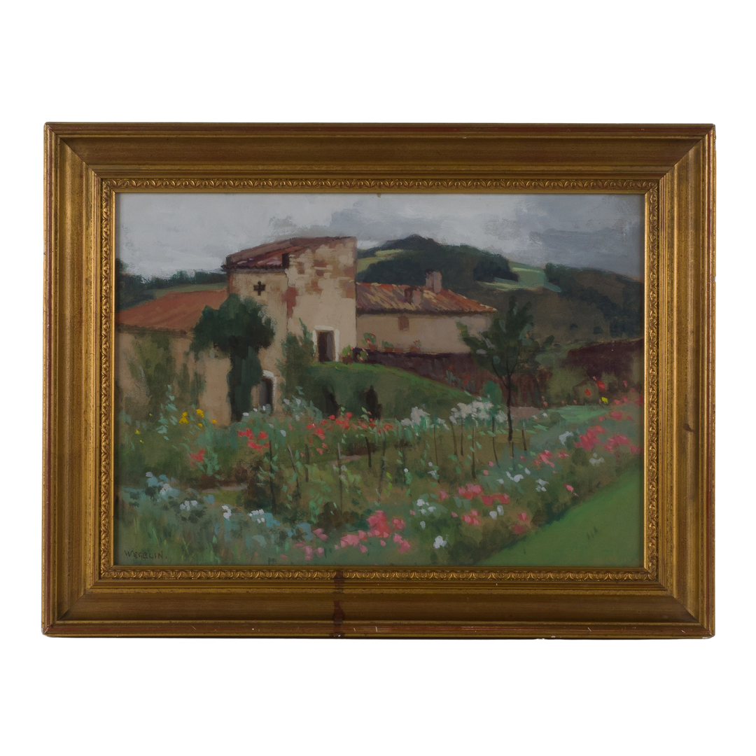 Painting of a southern house in a flower field by Emile Wegelin (1875-1962)