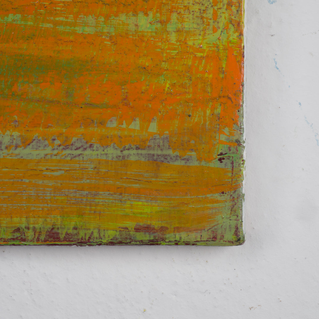 Modern abstract painting in green, white and orange by Jacques Hemain