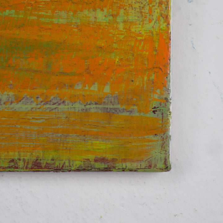 Modern abstract painting in green, white and orange by Jacques Hemain