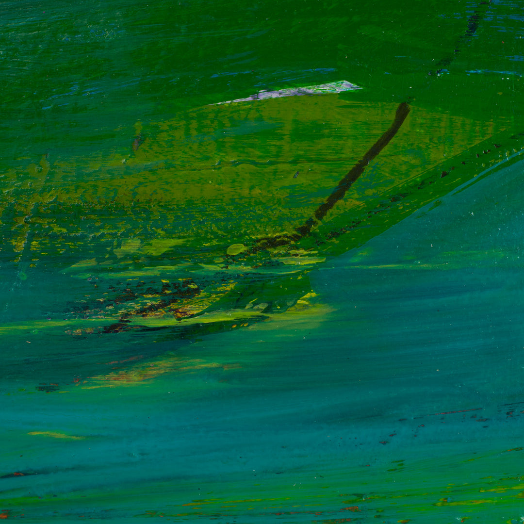 Modern abstract painting in green, white and orange by Jacques Hemain