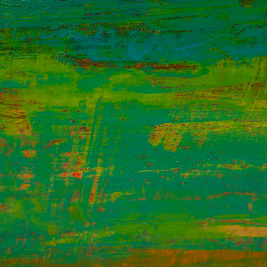 Modern abstract painting in green, white and orange by Jacques Hemain